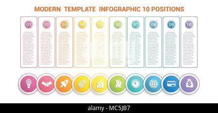 Timeline moderne Vorlage Infografik für Unternehmen 10 Schritte, Prozesse, Optionen, Teile. Bunte runde nummerierten Schaltflächen und Kreise mit Symbolen, auch ein Stock Vektor
