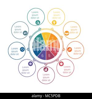 Vorlage für die Info grapchics Abbildung 9 zyklische Prozesse, Schritt für Schritt, bunten Kreise in einem Kreis, Tortendiagramm für Workflow-, Zyklus- Prozesse, Diagramme, Stock Vektor