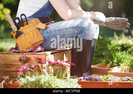 Frau in Latzhose und ein Werkzeug, Gürtel, sitzen auf einem Holzboden und setzen auf Handschuhe Stockfoto