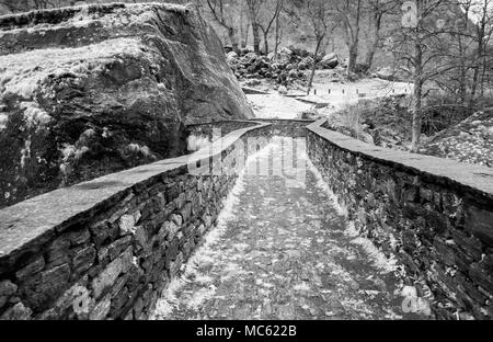 Schwarze und weiße Blick auf schöne alte steinerne Brücke über einen kleinen Gebirgsbach in einem wilden und abgelegenen Tal Stockfoto