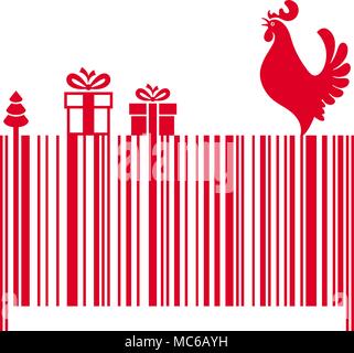 Barcode mit einem roten Hahn und Geschenke auf weißem Hintergrund Stock Vektor