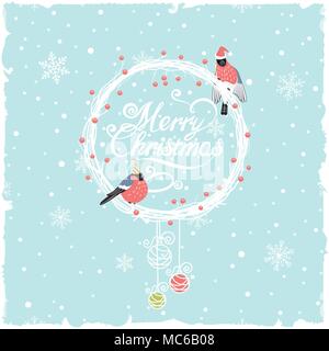 Weihnachten Hintergrund mit Kranz und lustige Dompfaff Stock Vektor