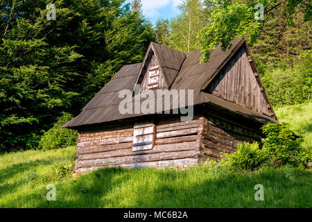 Eine alte verlassene Holzhaus in Berge bei Sonnenuntergang. Europa. Stockfoto