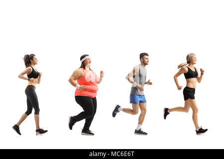 Volle Länge Profil Schoß von Menschen in Sportkleidung auf weißem Hintergrund läuft Stockfoto