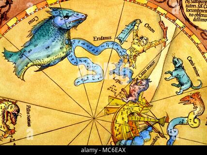 Konstellationen, Sterne & Karten, die fixstern Sirius in Canis Major. Der Stern, rot, befindet sich in der Mündung des grösseren Hund, unter Lepus, der Hase. Von der südlichen Sternbilder Karte von Stabius und Heinfogel, von Albrecht Dürer, 1515 schnitt Detail Stockfoto