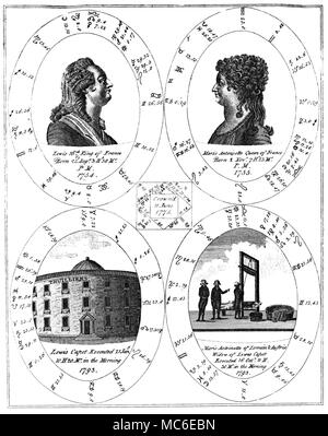 Horoskope - MARIE ANTOINETTE und Ludwig XVI. eine anspruchsvolle Kupferstich, mit Fünf ergänzende Horoskope, von Ebenezer vielleicht, eine Neue und vollständige Abbildung der okkulten Wissenschaften: oder die Kunst der Voraussagen zukünftiger Ereignisse und Unvorhergesehenes... 179... Ludwig XVI. wurde am 23. August, 1754 geboren: Wie die Grafik unten zeigt, wurde er am 21. Januar 1793 ausgeführt. Seine Frau, Marie Antoinette, wurde am 2. November 1755 geboren, und (wie sich aus der Tabelle unten, mit dem grausigen Detail der Guillotine), wurde sie am 16. Oktober 1793 executted. Die kleinen mittleren quadratischen Horoskop ist für die Zeit Stockfoto