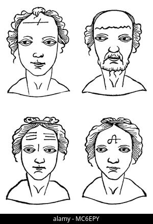 Physiognomie - METOPOSCOPY vier Köpfe, illustrativ für physiognomical Merkmale, in Bezug auf Metoposcopy, oder das Lesen von der Stirn-Linien, Falten und andere Markierungen auf dem Gesicht, im Hinblick auf die Fest- Symbol Bedeutung. Von Barthelmy Cocles, Metoposcopia, 1658 Edition. [Links Oben] Die Überquerung eines oberen Stirn Falten-line (vermutlich, dass der Mars), die als Anzeichen für einen gewaltsamen Tod. [Oben rechts] Die Wellenlinie (vermutlich, die mit Quecksilber), ist ein Hinweis auf umfangreiche Meer - Reisen verbunden. [Links] Stirn Falten-Linien auf eine Frau, die als Hinweis genommen werden Stockfoto