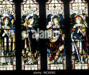 Engel - Die vier Erzengel Michael, Raphael, Gabriel und Uriel, in der Kirchenfenster der St. James Kirche, Kilkhampton Stockfoto