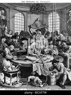 Medizinisch-Dissektion, aus der Serie "Die Grausamkeit" belohnen, Stich von William Hogarth. Stockfoto