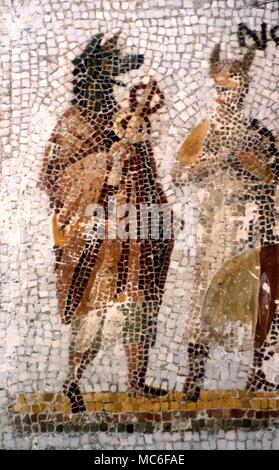 Planeten Merkur Personifikation von Quecksilber als Hund - vorangegangen, Durchführung der Caduceus. Im Abschnitt der "onths" Mosaik Umgang mit November. Mosaik früher von Thysdrus, El Djem, jetzt im Museum von Sousse, Tunesien. 2. Stockfoto