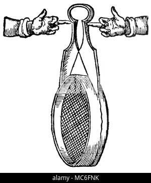 Coscinomancy, oder Körnersieb - Drehen, als Mittel der Weissagung. Wenn in der rechten Weise gehalten, das Sieb wird Kreisen als Antwort auf Fragen: die Methode scheint, dass in der Vergangenheit erfolgreich eingesetzt worden, um die Identität der Diebe zu offenbaren. Das Diagramm wird aus dem posthum veröffentlichten Schriften der großen Agrippa, der überzeugt war, dass das Sieb in der Befehlszeile der Dämonen verwandelt. Nicht alle okkultisten verständigen, wie die Sieb ausgeglichen sein sollte, oder auch wie es funktioniert. Stockfoto