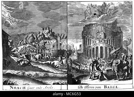 CHRISTIAN - Arche Noah & Turm von Babel [Links] Noah die Tiere, zwei und zwei, in den Kasten. [Rechts] Das Gebäude des Turms von Babel, daß er sogar höher als die Wolken erreicht. Ausziehbare Platte, Gravur von der Amsterdam 1685 Ausgabe des Spiegel der Sibyllen. Stockfoto