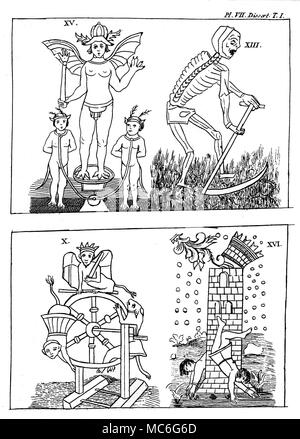 TAROT KARTEN - GEBELIN DESIGN - TEUFEL - TOD - Rad - TOWER [links Oben] Der Teufel, Karte 15 der Satz dargestellt von der Französischen Mason, Gericht de Gebelin, im Jahr 1773, auf der Grundlage der Marseille Decks, die er gesehen hatte. Gebelin identifiziert die Karte mit Typhon, der Griechischen Äquivalent der ägyptische Gott der Finsternis, eingestellt. Siehe Gerichtshof de Gebelin, Le Monde primitive, Bde. III und VIII [1773] [1781]. [Oben rechts] die Death Card, Nummer 13 des Gebelin Design. [Links] das Rad des Vermögens, Karte 10 Der Gebelin Design. [Rechts] das Haus Gottes, Karte 16, der Gebelin Design, die er eindeutig Ich Stockfoto