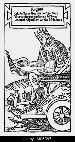 TAROT-BOIARDO TRIONFI - Symbole - Auge - JUNO einer Picture Card, die Königin, von einem trionfi Pack von Matteo Maria Boiardo [1441-1494], und manchmal mit Tarocchi Karten verwechselt. In diesem Beispiel ist die Königin der Augen, die von der Göttin Juno, aus alten Zeiten mit dem "Bird of Augen' verbunden, der Pfau vertreten ist. Die anderen Suiten im Deck sind Pfeile (Symbol der Liebe), Vasen (Symbol der Hoffnung) und Peitschen (Symbol der Angst): wie der Vers auf dieser Karte schlägt vor, die Augen suite symbolisiert Eifersucht. Jede Karte, die überlebt hat enthält einen beschreibenden tercet, bestehend in Italienisch durch Boiar Stockfoto