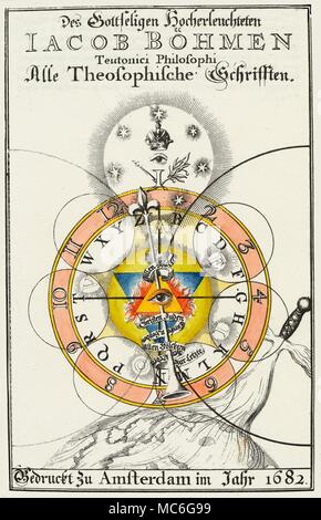 Rosenkreuzer - OKKULTE KUNST - Freimaurer - ALPHABETE Titlepage zu Jakob Böhme, Alle Theosophische Schrifften, 1682, die von der Boehme jünger veröffentlicht wurde, Johan Gichtel. Wie so oft bei der boehme Abbildungen, des Design Centers auf einem Auge. Diese in ein brennendes Dreieck, das über ein Dreieck ein Symbol für das Element Wasser - zusammen überlagert wird, die zwei Dreiecke sind nicht nur vorbereitende zur Bildung der Siegel Salomos, aber sie stellen auch den Konflikt der Gegensätze (Feuer und Wasser). Die volle Anerkennung der Boehme Symbole und Designs (vor allem diejenigen, die Stockfoto