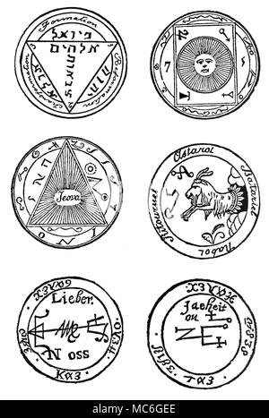 GRIMOIRES - TALISMANE Talismane sind magische Figuren entworfen, um bestimmte Effekte durch geistliche Mittel - in der Regel durch die Kraft einer besonderen Engel oder Dämon zu erreichen. Wie die Mehrheit der Talismane, die sechs hier aufgezeichnet werden letztlich aus dem grimoire Tradition abgeleitet. Von oben, von links nach rechts zu lesen. Aus dem enchiridion von Papst Leo III. Talisman Ein Talisman aus dem grimoire, der Salbei der Pyramiden, aufgenommen von A.E. Waite in der zeremoniellen Magie, entworfen ist, Unsichtbarkeit der Besitzer zu gewähren - angeblich, es verleiht auch die Fähigkeit, durch feste Wände zu übergeben: Stockfoto