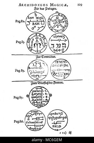 GRIMOIRES - MEDIZINISCHE TALISMANE Talismane sind magische Figuren entworfen, um bestimmte Effekte durch geistliche Mittel - in der Regel durch die Kraft einer besonderen Engel oder Dämon zu erreichen. Die Beispiele auf dieser Platte sind medizinische Talismane, die vor bestimmten Krankheiten zu schützen. Die magische Zahlen erstellt auf der Vorderseite und Rückseite sind wenig mehr als Siegel und Rohöl griechischen oder lateinischen magische Wörter. Von Iohann Huser, archidoxis Magicae, 1590, die sich auf die Schriften von Paracelsus. Von oben, von links nach rechts zu lesen. Die vier Bilder auf Eisen (oben) und Gold (unten) lamens, ef vorgenommen werden. Stockfoto