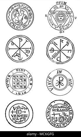 GRIMOIRES - TALISMANE Talismane sind magische Figuren entworfen, um bestimmte Effekte durch geistliche Mittel - in der Regel durch die Kraft einer besonderen Engel oder Dämon zu erreichen. Wie die Mehrheit der Talismane, die acht Hier aufgezeichnet werden letztlich aus dem grimoire Tradition abgeleitet. Von oben, von links nach rechts zu lesen. Ein Talisman aus dem enchiridion von Papst Leo III., die Kontrolle über die genii zu gewährleisten, die auf das Erreichen von allen Arbeiten, oder die Arbeit anderer zu behindern. Ein Talisman aus dem enchiridion von Papst Leo III., die Unterscheidung von Gut und Böse Absichten Anderer zu geben. Stockfoto