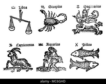 Sternzeichen die ersten sechs Bilder der Sternzeichen, mit Verwandten sigil und Name. Von links nach rechts: Waage, Skorpion, Schütze, Steinbock, Wassermann und Fische. Anfang des 16. Jahrhunderts. Stockfoto