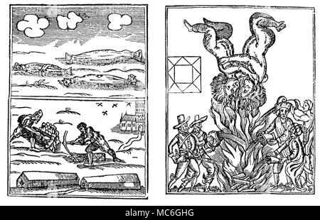 Astrologie - Hieroglyphen zwei "Hieroglyphen", oder aenigmatic Platten, von der englischen Astrologin veröffentlicht, William Lilly, circa 1651. Das Bild auf der linken Seite wurde als eine Vorhersage der großen Pest von 1665 berücksichtigt. Das Bild auf der rechten Seite, wie eine Voraussage über den großen Brand, der viel von London im Jahre 1666 zerstört wurde. Die Verbindung mit London ist klar in astrologischen Begriffen, für die Zwillinge schwebt über dem Feuer Gemini - die Sternzeichen, dass London Regeln dar. Von Richard A. Proctor, Mythen und Wunder der Astronomie, 1889. Stockfoto