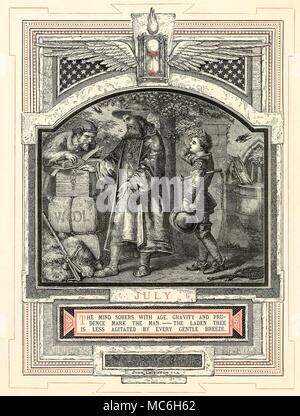 Astrologie - MONATE DES JAHRES - Juli der Monat Juli, aus der Serie von John Leighton, das Leben des Menschen, 1866. Die zwölf Zeichen (in diesem Fall Krebs) werden mit jedem der Monate, in denen die Sonne in diesem Tierkreiszeichen zugeordnet ist. Eine besondere Phase in den zwölf Stadien des Lebens des Menschen ist auch mit dem Bild verknüpft sind, in diesem Fall der Juli ist mit dem Kaufmann und Bürger verbunden. Im siebten Monat des Jahres, die geflügelten Stunde - Glas ist halb leer. Beachten Sie die Schlange caduceus auf der Box verbunden (über dem woolsack), das ist ein Symbol für den Händler. Stockfoto