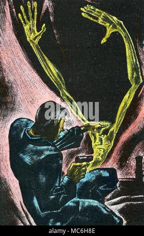 Spuk- und GEISTERGESCHICHTEN Handcolorierte Lithographie Illustration von Lynd Ward, Michael Arlen's Geschichte der traumatischen Auswirkungen von verbringen eine Nacht in einem Spukschloss, der Herr aus Nordamerika, ca. 1935. Stockfoto