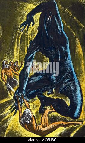 Spuk- und GEISTERGESCHICHTEN Handcolorierte Lithographie Illustration von Lynd Ward der Angelsächsischen epische Geschichte von Beowulf, der Darstellung der Kampf mit Grendel, circa 1935. Stockfoto