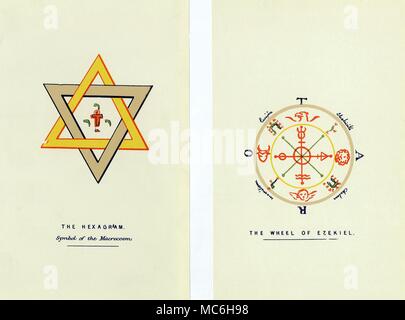 Magische Symbole - das HEXAGRAMM UND HESEKIEL RAD magische Symbole, mit besonderer Bezugnahme auf eine Studie der geheimen Design des Tarot deck gezogen. [Links] Das Hexagramm, das Symbol des Makrokosmos, manchmal das Siegel Salomos genannt. Die gelb-rote Dreieck repräsentiert die nach oben streben vermischen und sich dadurch mit der nach unten - in Richtung des anderen Dreieck. Es ist die Begegnung der beiden triaden-One ist die übernatürliche Dreifaltigkeit, der andere die drei-fach Mann (der Mann von Denken, Fühlen und Wollen): In magischen Begriffe, das ist die Sitzung des Makrokosmos und Mikrokosmos. In Prozent Stockfoto