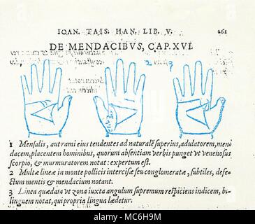 Handlesen Beispiel spätmittelalterlicher Handlesen - drei Diagramme mit der Darstellung der Beziehung der drei wichtigsten Linien in Bezug auf die verlogenen Menschen. Von Johannes Taisniers, Absolutissimae Chyromantiae, 1632. [Bild links] Wenn das Herz line (früher als die Mensal) Strahlen, die in Richtung der Kopfleiste gießen endet, ist dies als ein Zeichen der Verlogenheit, und von einem, der am Ende Ehebruch zu begehen. [Mittlere Diagramm] Wenn hier sind eine Reihe von kleinen Linien auf dem handballen (Berg der Venus), ist dies ein Zeichen für einen defekten Mentalität, und der Verlogenheit. [Diagramm rechts] eine seltsame Linie curv Stockfoto