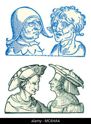 Physiognomie vier Köpfe in Bezug auf, wie die gesichtszüge zu bestimmten psychischen Antriebe, Impulse, Gelüste und Eigenschaften entspricht. Von Barthemy Cocles, Physiognomie, 1533. [Top] Augen und das allgemeine Aussehen der faulen und gierigen Männer. [Bottom] Augen und das Aussehen der Männer, ruhig, treu, und von großer Intelligenz. Stockfoto