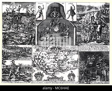 Indianer Nordamerikas - Idole und Magier Ausklappen Gravur, die Ereignisse im Leben der Bewohner des Neuen - gegründet, Virginia, New England, von Smith's Allgemeine Geschichte von Virginia, die von Roert Vaughan eingraviert. Oben links, Kapitän John Smith wird von Indianern, die Tanz um ihn gefangen. Oben in der Mitte, ein beschwörer und Priester Tanz auf beiden Seiten eines Idols, das sieht so aus, als eine Gruppe von Magiern Praxis ihre Beschwörungen um Smith (ein Ereignis, das in 1602 stattgefunden hat). Oben rechts, Kapitän Smith nimmt den indischen Königs, in 1603. Unten Links - Smith nimmt den König von Paspahegh, Stockfoto