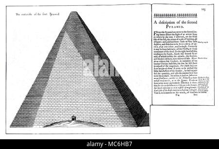 Ägypten - PYRAMIDOLOGY Gravur der Großen Pyramide von John Greaves, und Oxford University Professor, der die Pyramide von Gizah mit Burattini gemessen hatte, im Jahre 1639. Der Anteil der seine Entwicklung war sehr genau, obwohl Grieben nicht alle 202 übrigen Kurse in der historischen Pyramide darstellen (siehe gesamte Gravieren, auf der nächsten Seite). Es ist natürlich, das abgeschnittene Oberseite, die für uns interessant ist hier. Es hatte auch interessiert, Grieben, der schrieb, in einer Schreibweise, so Vertreter des 17. Jahrhunderts, dass die große Struktur", endet nicht in einem Punkt, wie Mathematicall Pyramiden doe, aber in Stockfoto