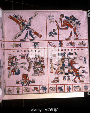 Mexikanischen Mythologie - Yacaltecuhtli. Oben links, der Axtec Gott, Yacaltecuhtli, der Patron der Kaufleute, das Kreuz tragen - Straße, mit Spuren auf. Der Codex Fejervary-Meyer, Liverpool Stockfoto