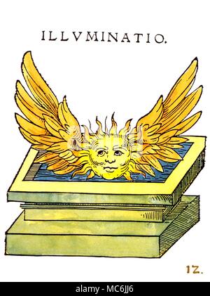 Alchemie-BELEUCHTUNG. Abbildung 12 von der 1550 Edition von Rosarium Philosophorum, einer der wichtigsten der alchemistischen Texte der Periode. Winged solar Abbildung in einem Wasserbett oder Sarkophag Stockfoto