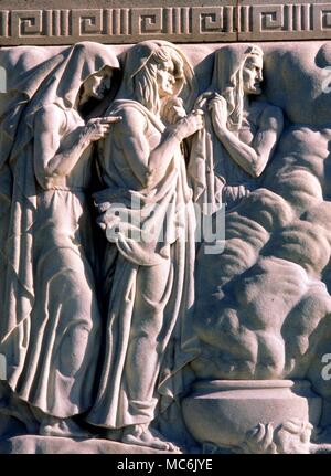 Hexerei - Hexen von macbeth Die drei "Weird Sisters", die Macbeth auf die verwüsteten Heide treffen. Skulptur an der Fassade der Folger Shakespeare Memorial Library in Washington DC. Von John Gregory, 1932 geformt Stockfoto