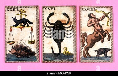 Astrologie Tierkreiszeichen drei Tierkreiszeichen Bilder aus einem nineteeth Century minchiate Tarot pack Waage Skorpion und Schütze Stockfoto