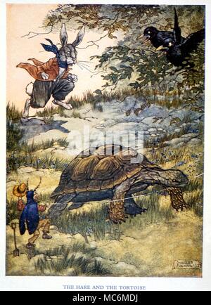 Märchen - Fabeln von Äsop. Der Hase und die Schildkröte. Abbildung von Charles Folkard zu Aesops Fabeln, 1912 Stockfoto