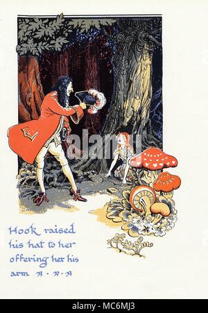 Märchen - PETER PAN Illustration von Gwynedd M. Hudson, für J.M. Barrie Peter Pan und Wendy, kein Datum, aber ca. 1930. "Haken seinen Hut zu ihr, die ihr den Arm angehoben." Captain Hook findet das Children's Lair am Fuße des Baumes Etwas. Stockfoto