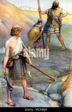 CHRISTIAN - Altes Testament - jüdischen Mythos - RIESEN 'David gegen Goliath' - den jungen David, bewaffnet nur mit einer Schlinge, Gesichter der gut bewaffneten Riesen der Philister. Abbildung von Arthur Dixon für Theodora W. Wilson, die Geschichte des Alten Testaments, 1926. Stockfoto