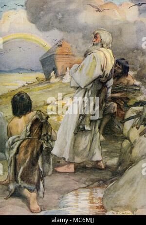 CHRISTIAN - Altes Testament - jüdischen Mythos - Die "Arche Noah und seiner Familie aus der Arche" -, in denen Sie sich der Regenbogen, als Verheißung des Herrn Zeugnis. Abbildung von Arthur Dixon für Theodora W. Wilson, die Geschichte des Alten Testaments, 1926. Stockfoto