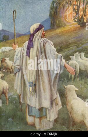 CHRISTIAN - Altes Testament - brennende Busch 'Mose zieht in der Nähe des brennenden Busch - aus, in dem er die Stimme Gottes hört und Seine Gebote beachtet. Abbildung von Arthur Dixon für Theodora W. Wilson, die Geschichte des Alten Testaments, 1926. Stockfoto