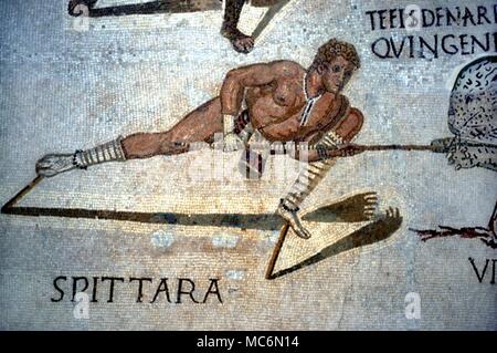 Mosaike - Tunesien. Detail der Mosaik der Gladiator, früher in El Djem, aber jetzt im Museum von Sousse, Tunesien. Stockfoto