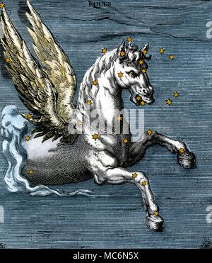 Sternbilder Pegasus achtzehnten Jahrhundert handcolorierte Kupferstich von constellational Pegasus auf die Beleuchtung im 9. Jahrhundert Aratea Manuskript in Leiden, die in sich selbst auf der Grundlage der lateinischen Übersetzung des griechischen Original des Aratus im ersten Jahrhundert unserer Ära geschrieben. Aratus wurde ca. 315 v. Chr. in Soli an der Südküste der heutigen Türkei geboren und soll seine phaenomena Für die Herrscher von Mazedonien Antigonos Gonatas geschrieben zu haben Stockfoto