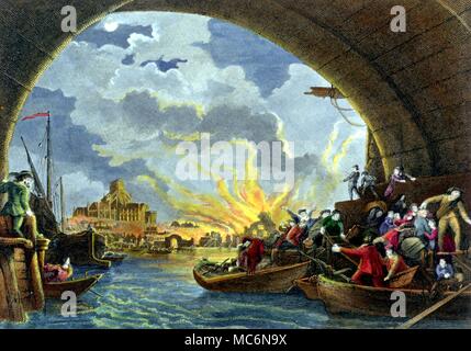 Katastrophen große Feuer das Große Feuer von London 1666 Kupferstich, koloriert Vom 1850 Edition von smollett die Geschichte von England Stockfoto