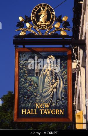 Pub Zeichen der neuen Halle Taverne, die die Weiße Dame, die in den Gründen des nahe gelegenen Salmesbury Hall, Lancashire, England zeigt. Stockfoto