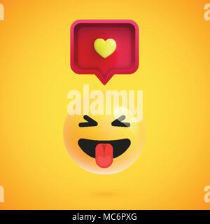 Lustiges 3D Emoticon mit 3D-sprechblase und ein Herz, Vector Illustration Stock Vektor