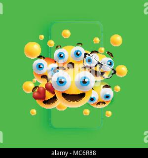3D und verschiedene Arten von Emoticons mit Matt smartphone, Vektor illustartion Stock Vektor