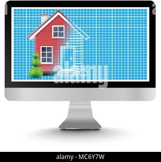 Realistische Haus mit einer Blaupause auf einem Computer, Vektor Stock Vektor