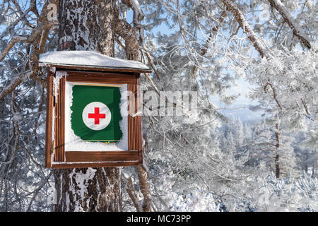 Holzkiste für medizinische Erste Hilfe Kit hängend auf schneebedeckten Nadelholz Baumstamm im Winter Wald Stockfoto