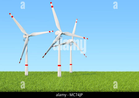 Wind Farm, von Windenergieanlagen gegen den blauen Himmel und grünes Gras Set, 3D-Rendering Stockfoto